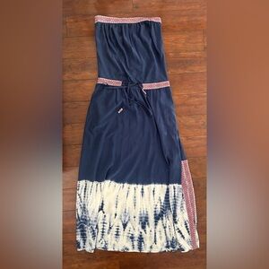 Gypsy 05 Silk Maxi Dress Navy Blue Tie Dye Front Tie Strapless Size Medium